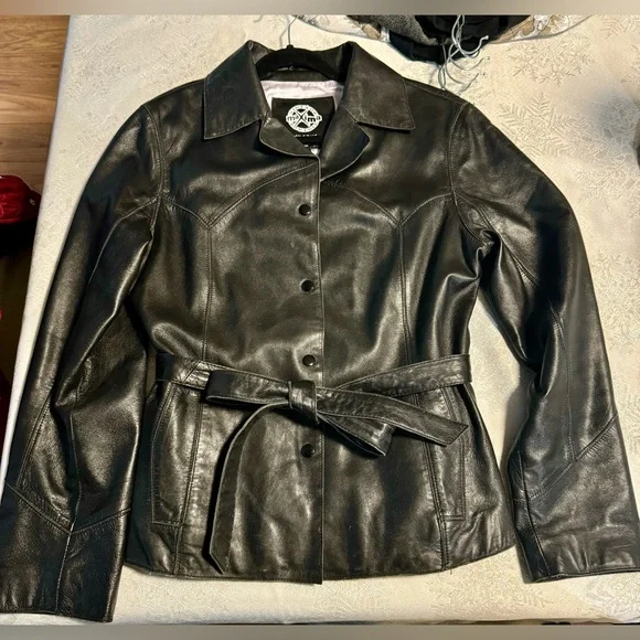 Wilsons Leather Vintage 90s Maxima Jacket Tie Belt Cinch Waist Button Up Collar - Picture 16 of 16